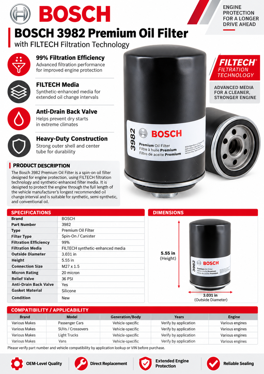 Bosch 3982 Premium Oil Filter with FILTECH Filtration Technology