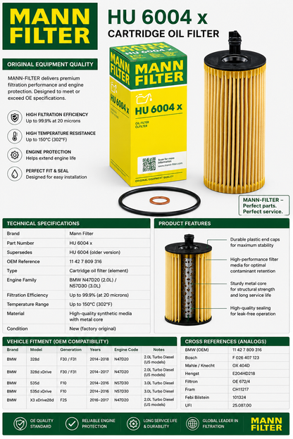 Mann Filter HU 6004 x Cartridge Oil Filter Replacement Compatible With BMW 328d (2014-2018), 328d xDrive (2014-2017), 535d (2014-2016), 535d xDrive (2014-2016), X3 xDrive28d (2016-2017)