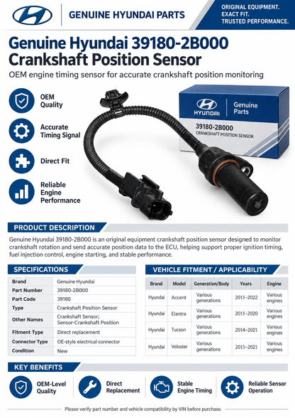 Hyundai Genuine  39180-2B000 Crankshaft Position Sensor
