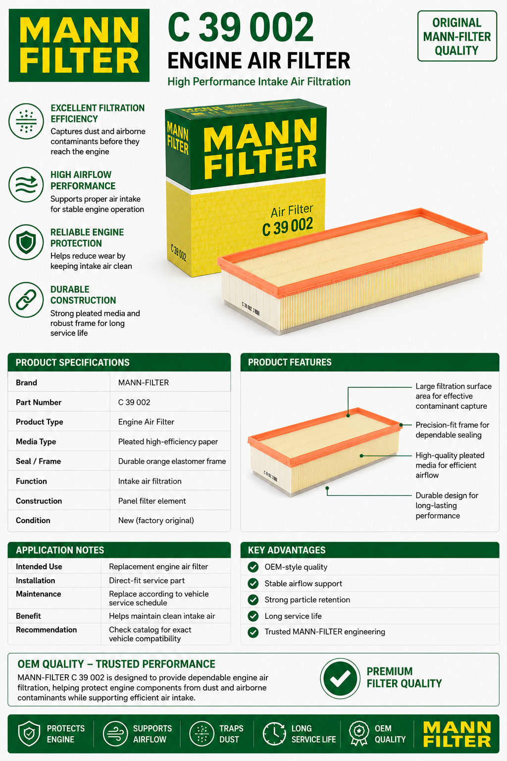 Mann Filter C 39 002 Engine Air Filter Replacement Compatible With Audi Q7 (2009-2016), Q7 TDI (2009-2010), Porsche Cayenne (2008-2018), VW Volkswagen Touareg (2004-2017)
