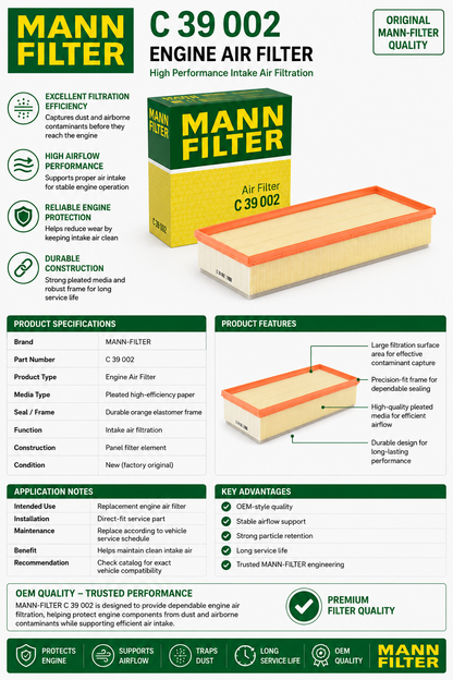 Mann Filter C 39 002 Engine Air Filter Replacement Compatible With Audi Q7 (2009-2016), Q7 TDI (2009-2010), Porsche Cayenne (2008-2018), VW Volkswagen Touareg (2004-2017)
