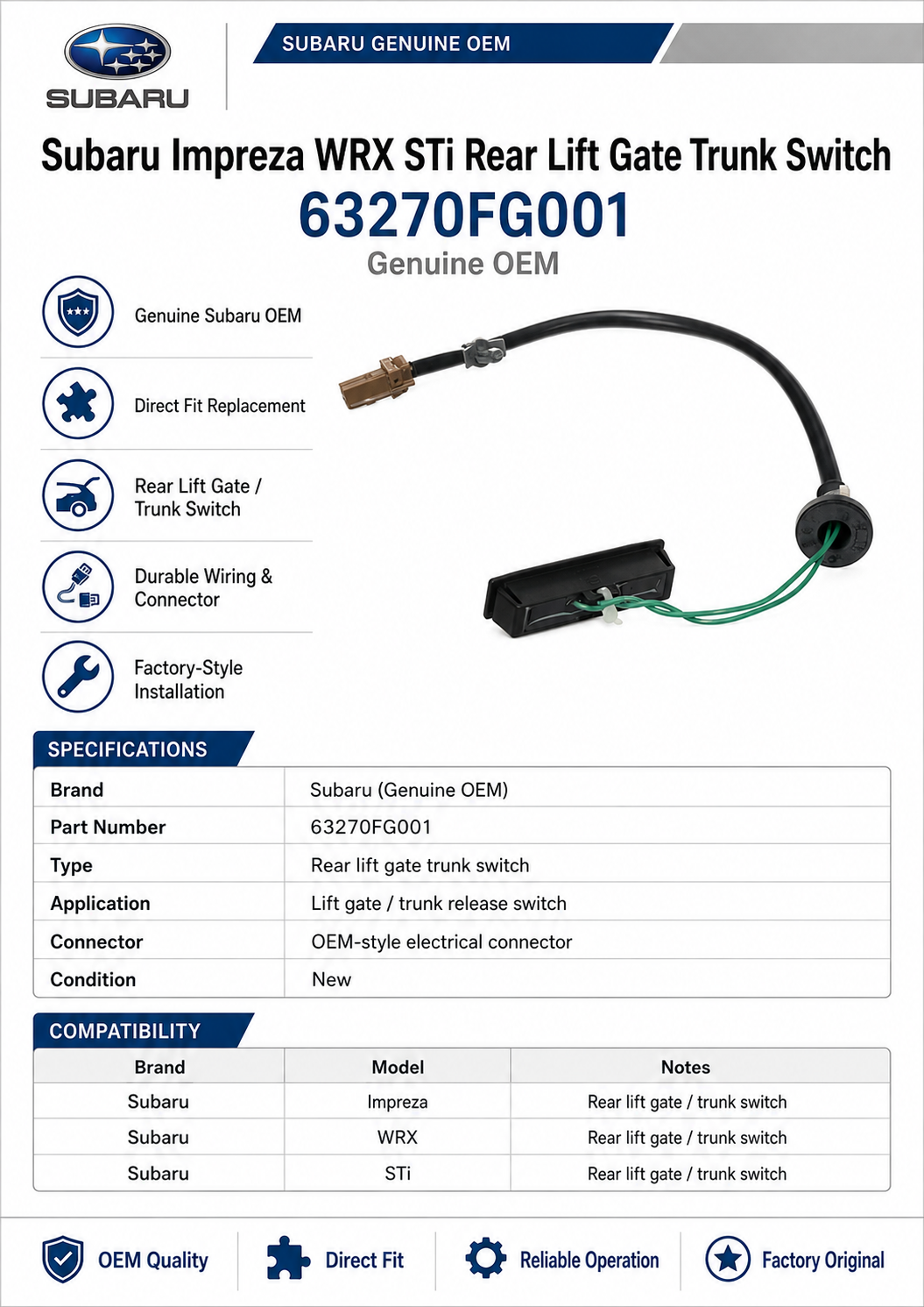Subaru 63270FG001  Genuine  Rear Lift Gate Trunk Switch