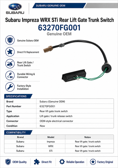 Subaru 63270FG001  Genuine  Rear Lift Gate Trunk Switch