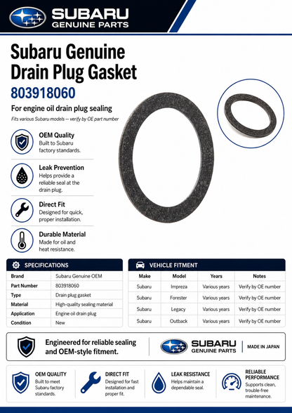 Subaru 803918060  Genuine  Drain Plug Gasket