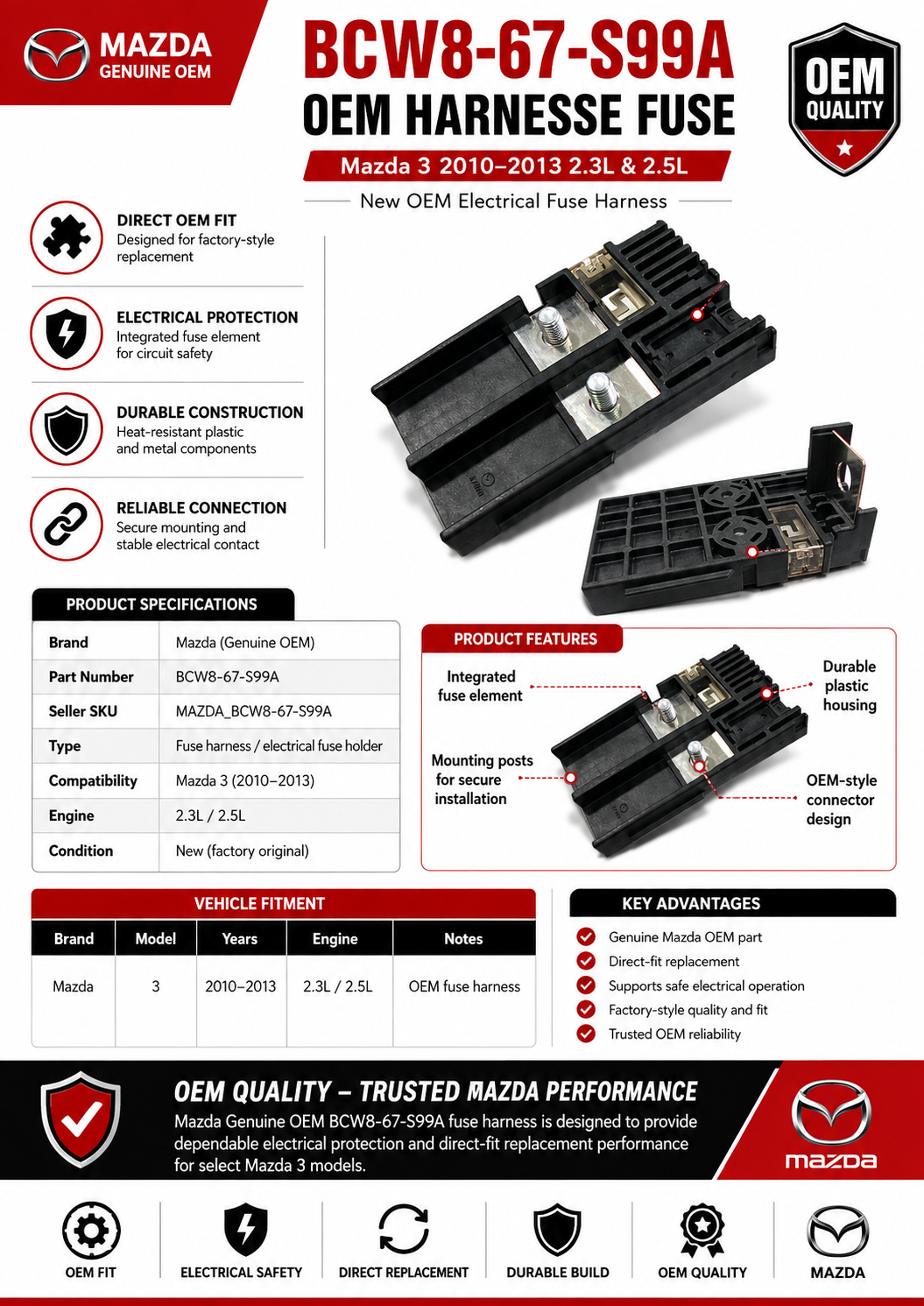 Mazda 3 2010-2013 2.3L & 2.5L New OEM Harnesse fuse BCW8-67-S99A