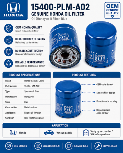 Genuine Honda 15400-PLM-A02 Oil (Honeywell) Filter, Blue