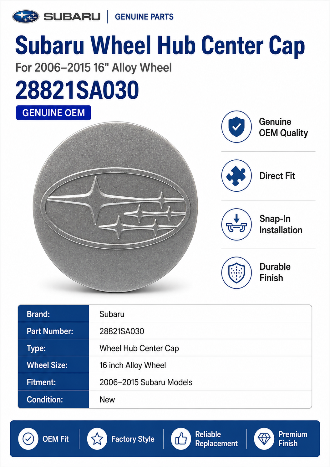 Subaru 28821SA030 Genuine  Wheel Hub Center Cap