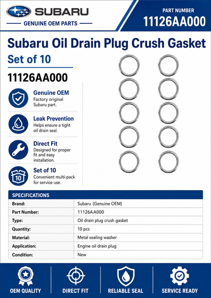 Subaru 11126AA000  Genuine  Oil Drain Plug Crush Gasket (Set of 10)
