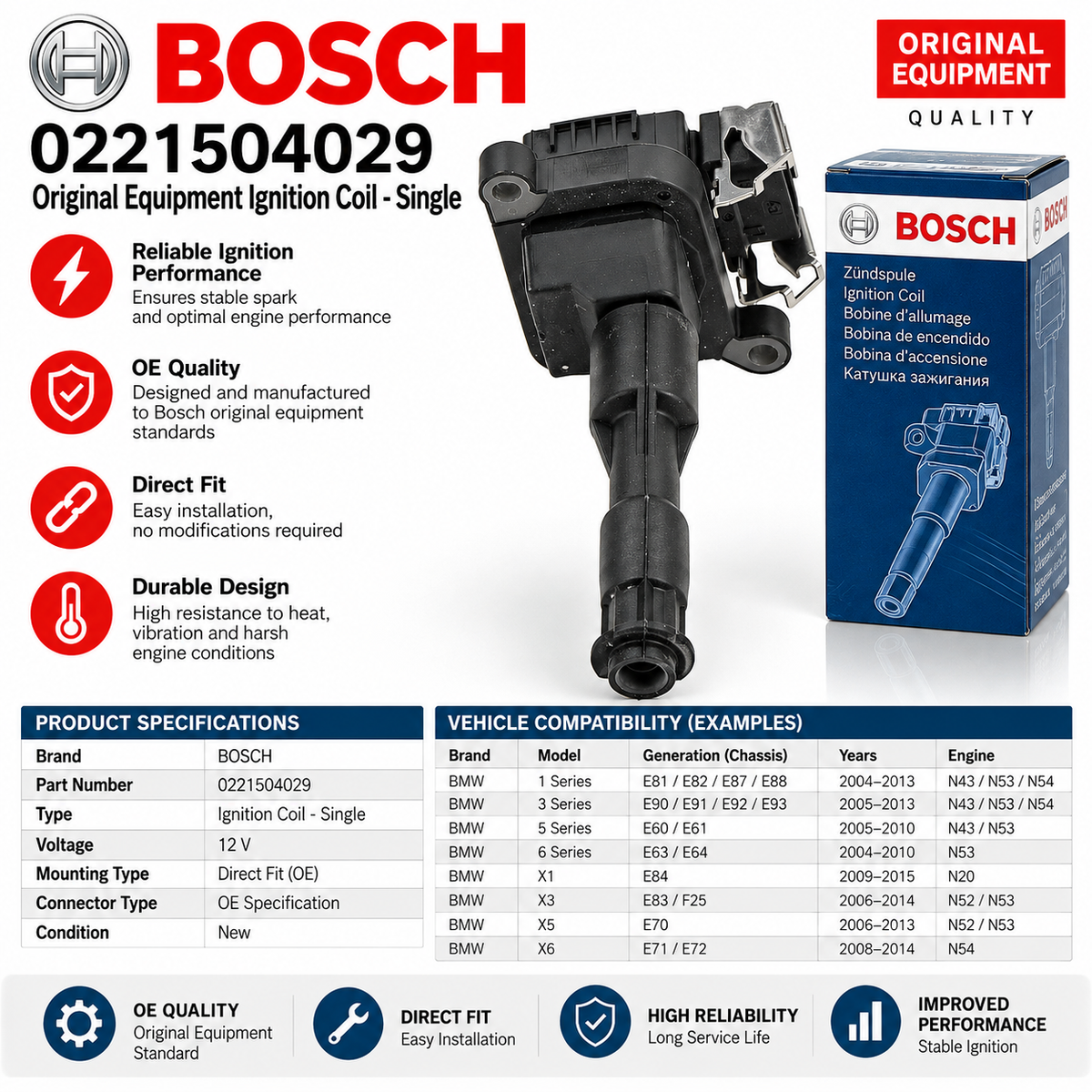 Bosch 0221504029 Original Equipment Ignition Coil