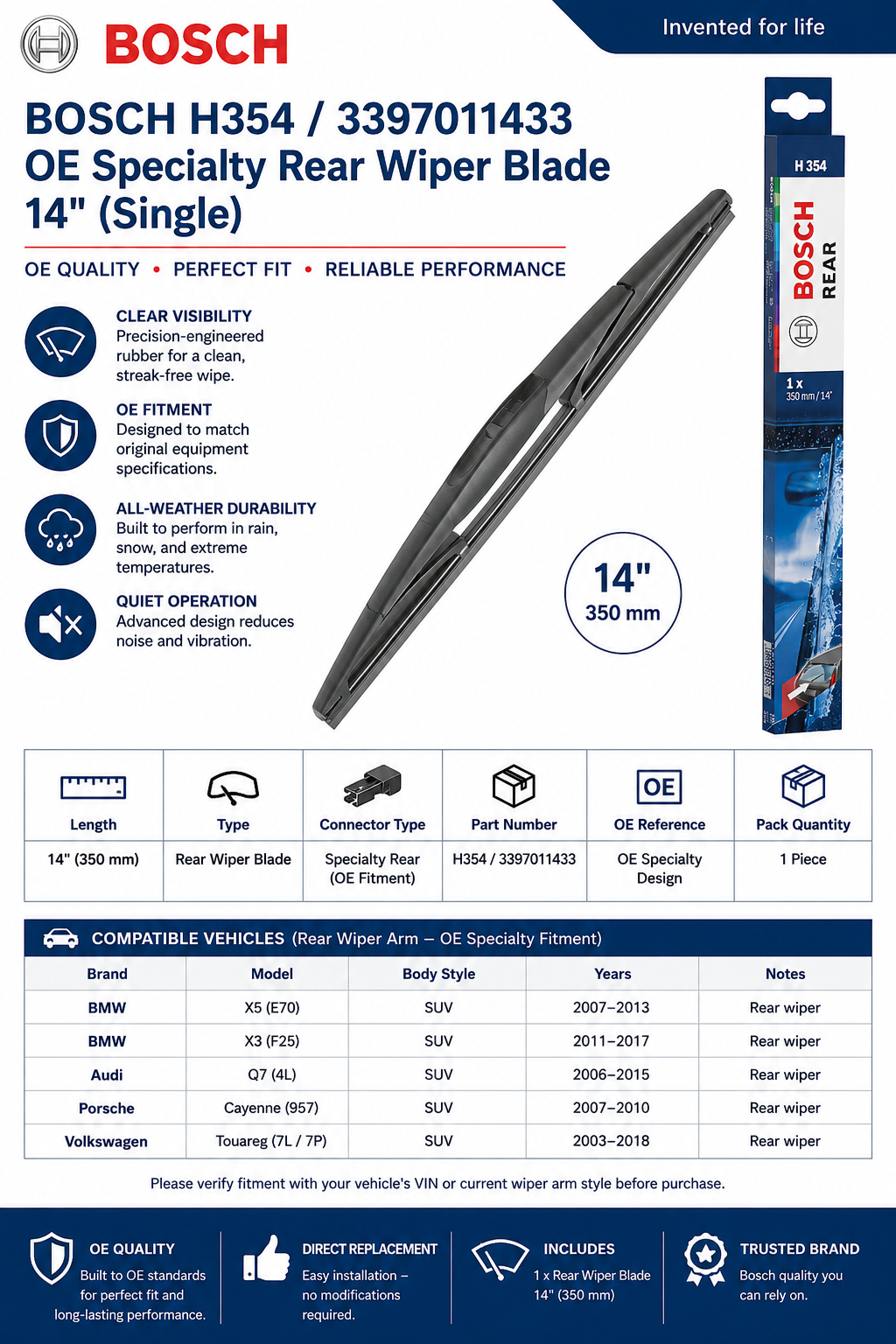 BOSCH H354 OE Specialty Rear Wiper Blade — 14" (Single) | OEM 3397011433