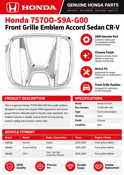 Honda 75700-S9A-G00 Genuine Front Grille Emblem