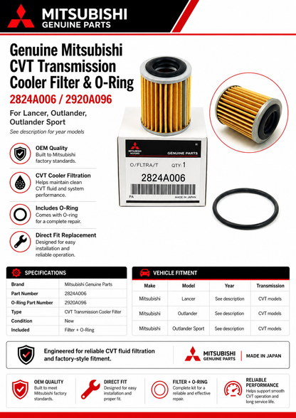 Genuine Mitsubishi CVT Transmission COOLER Filter & O-ring. 2824A006 2920A096 Lancer, Outlander, Outlander Sport (See Description for Year Models)