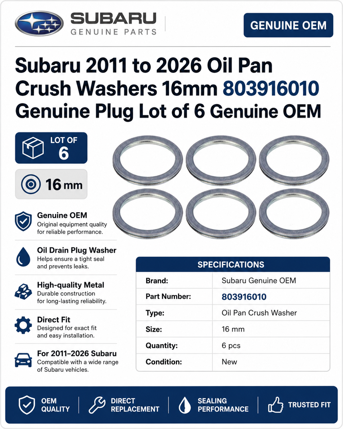 Subaru 803916010  Genuine  Oil Pan Crush Washers