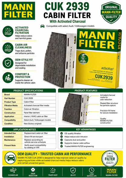Mann-Filter CUK 2939 Cabin Filter With Activated Charcoal Compatible with select Audi/Volkswagen models (Pack of 2)