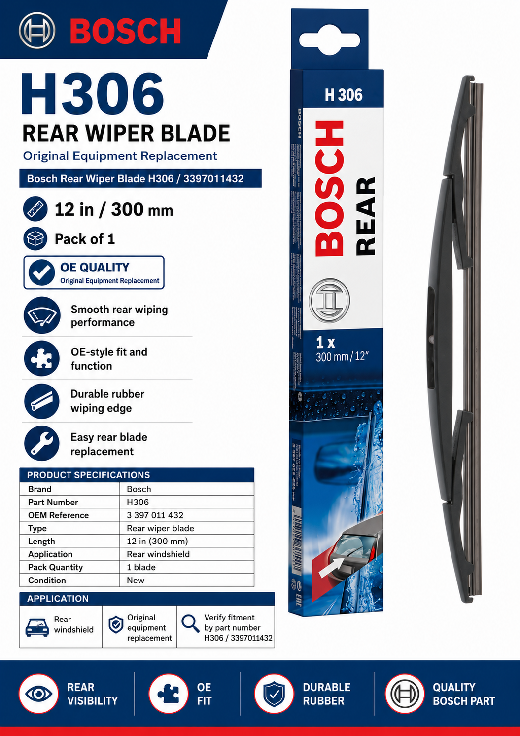 Bosch H306 Rear Wiper Blade — 12" (Single)