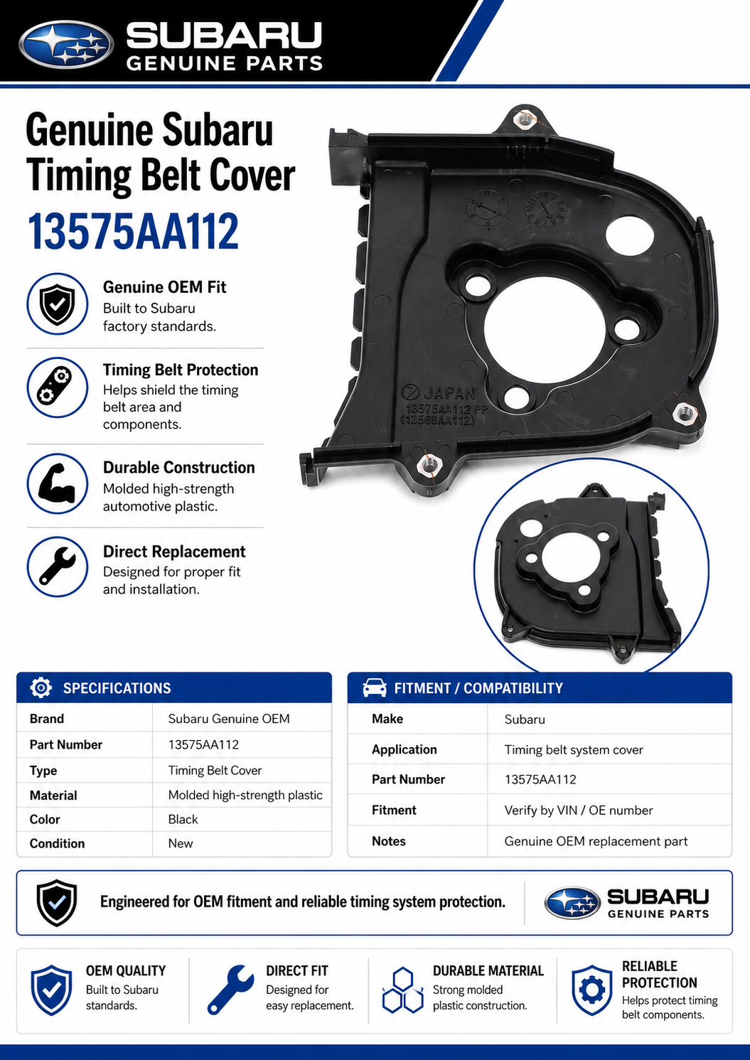 Subaru 13575AA112   Genuine  Timing Belt Cover