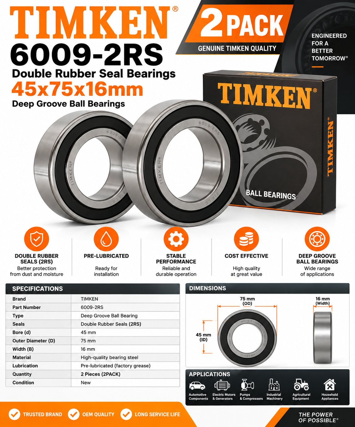TIMKEN 6009-2RS Double Rubber Seal Bearings— 45x75x16mm (2PACK )