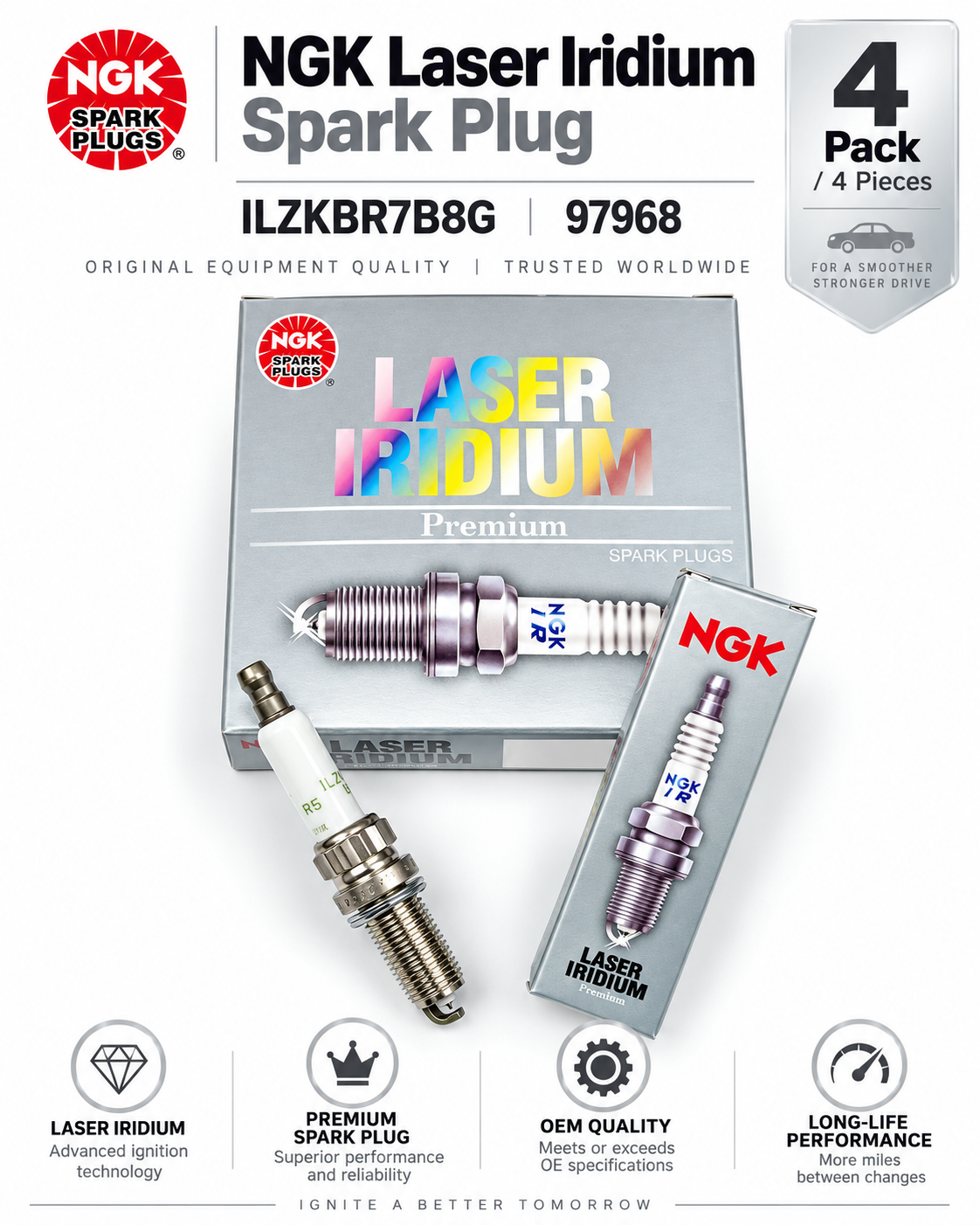 NGK Laser Iridium Spark Plug — ILZKBR7B8G (97968)— OEM Quality (Pack of 4)