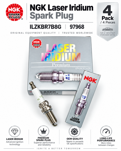 NGK Laser Iridium Spark Plug — ILZKBR7B8G (97968)— OEM Quality (Pack of 4)