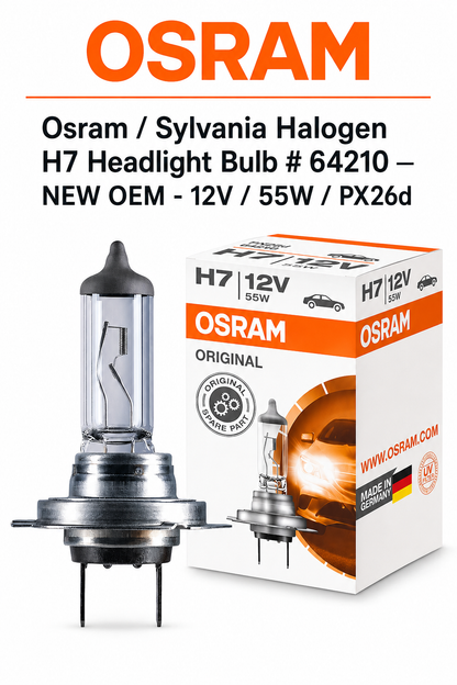 Osram / Sylvania Halogen H7 Headlight Bulb # 64210— NEW OEM - 12V / 55W / PX26d 