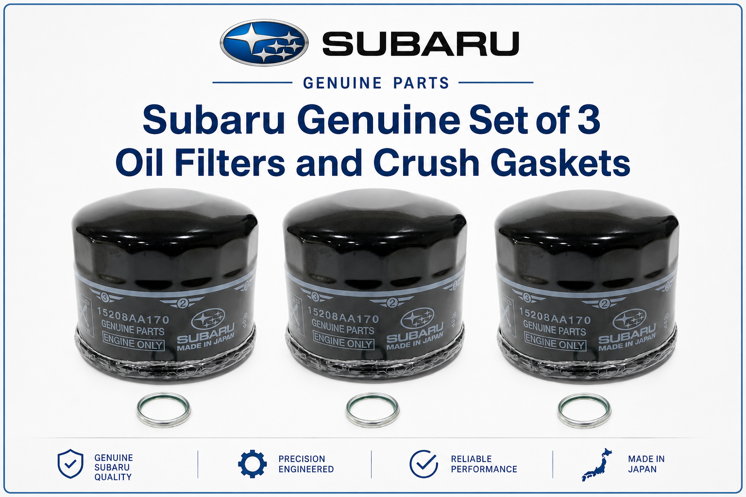 Subaru Genuine  Set of 3 Oil Filters 15208AA170 and Crush Gaskets 803916010