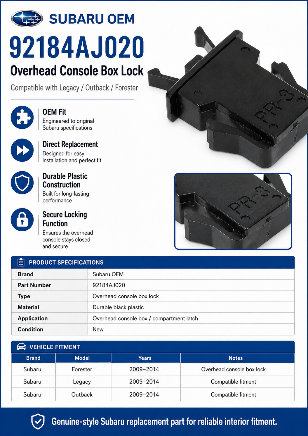 Subaru Over Head Console Box Lock  92184AJ020