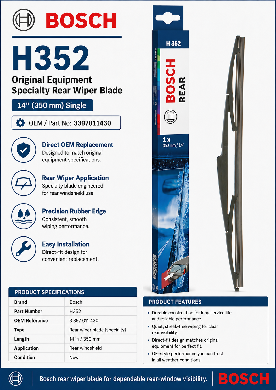BOSCH H352 Original Equipment Specialty Rear Wiper Blade — 14" (Single)