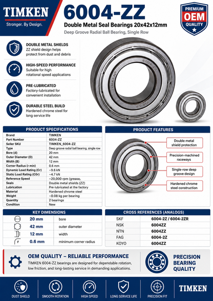 2PACK TIMKEN 6004-ZZ Double Metal Seal Bearings 20x42x12mm