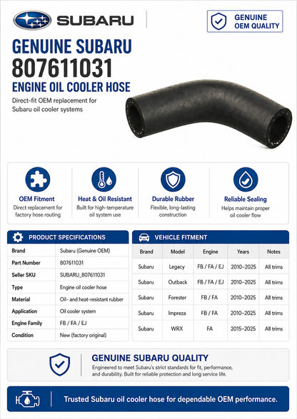 Genuine Subaru Engine Oil Cooler Hose - 807611031