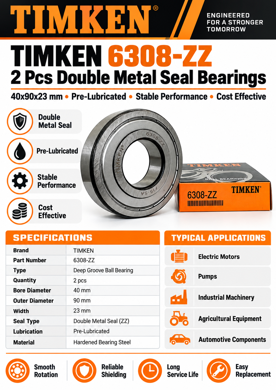 TIMKEN 6308-ZZ Double Metal Seal Bearings (Pack of 2)