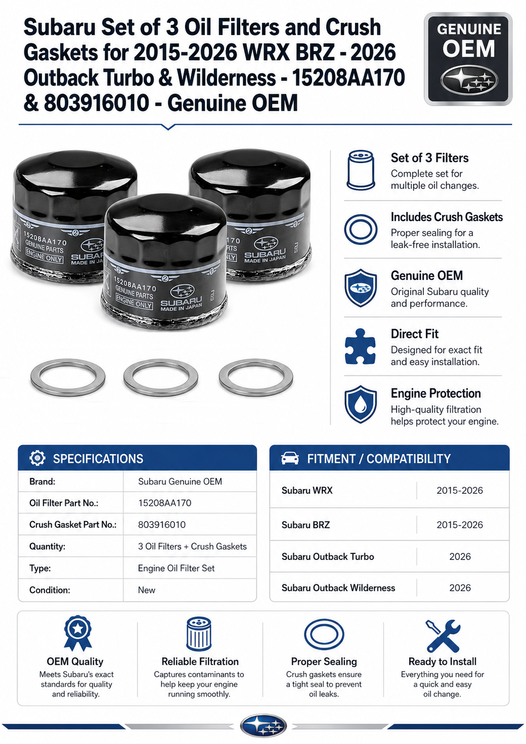Subaru Genuine  Set of 3 Oil Filters 15208AA170 and Crush Gaskets 803916010