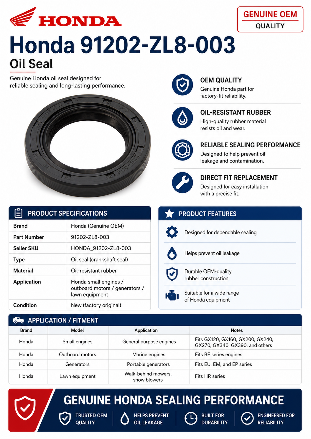 Honda 91202-ZL8-003 Oil Seal