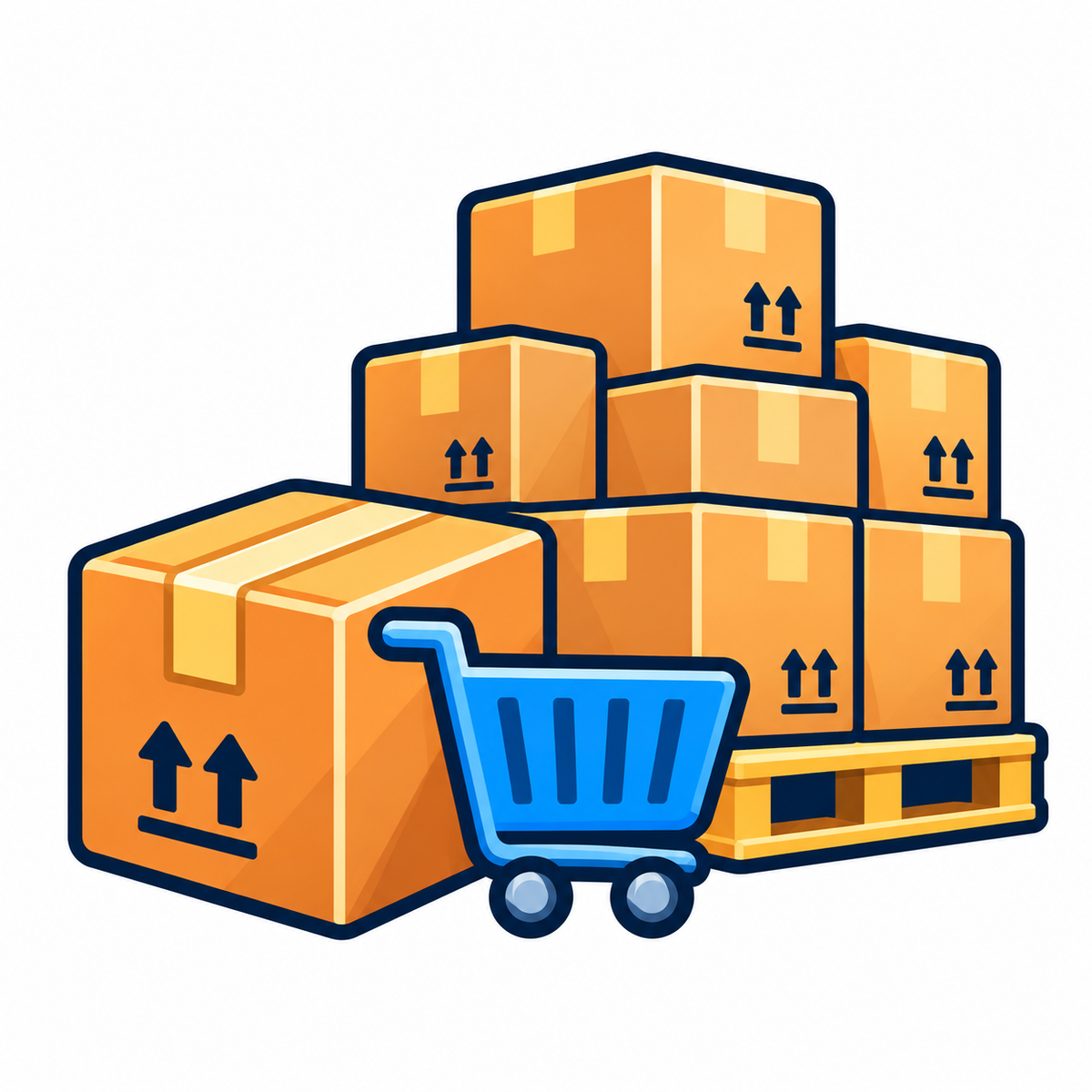 Bulk orders auto parts icon with package, shopping cart and pallet of boxes