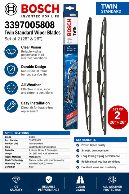 BOSCH 3397005808 Twin Standard Wiper Blades — Set of 2 (26" & 26")
