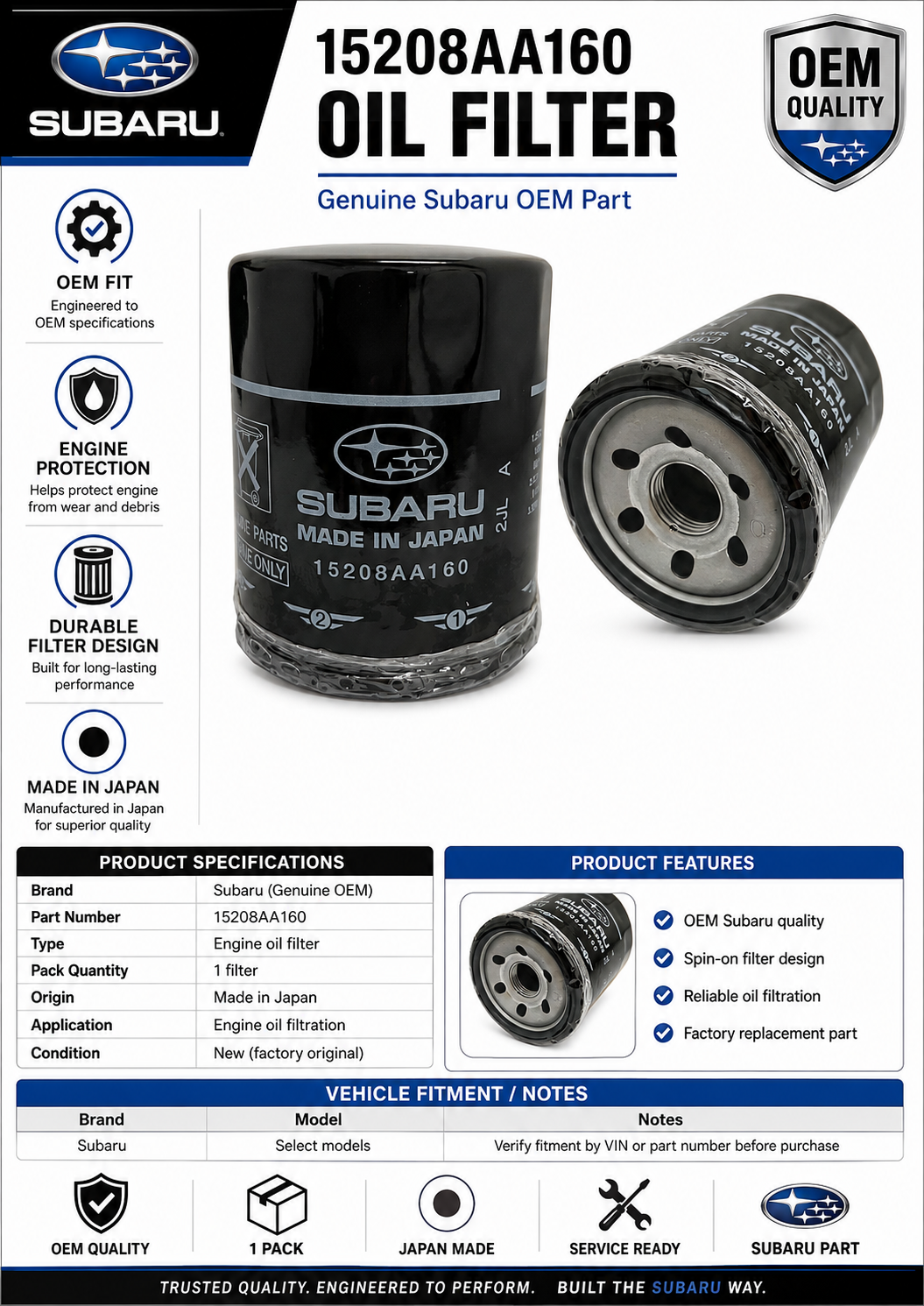 Genuine Subaru 15208AA160 Oil Filter, 1 Pack