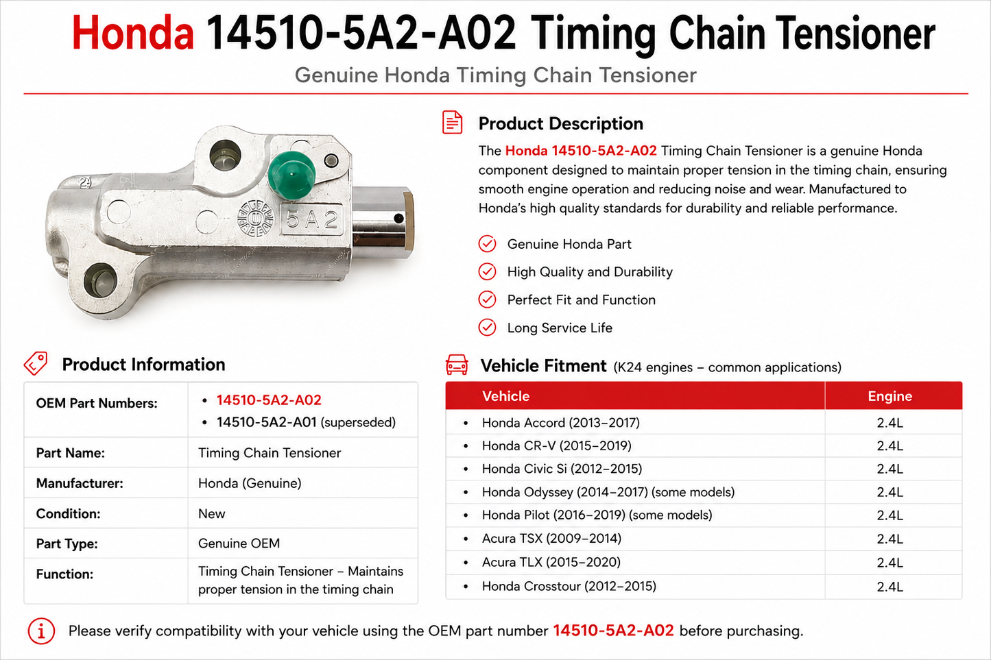 Honda 14510-5A2-A02 Genuine Timing Chain Tensioner