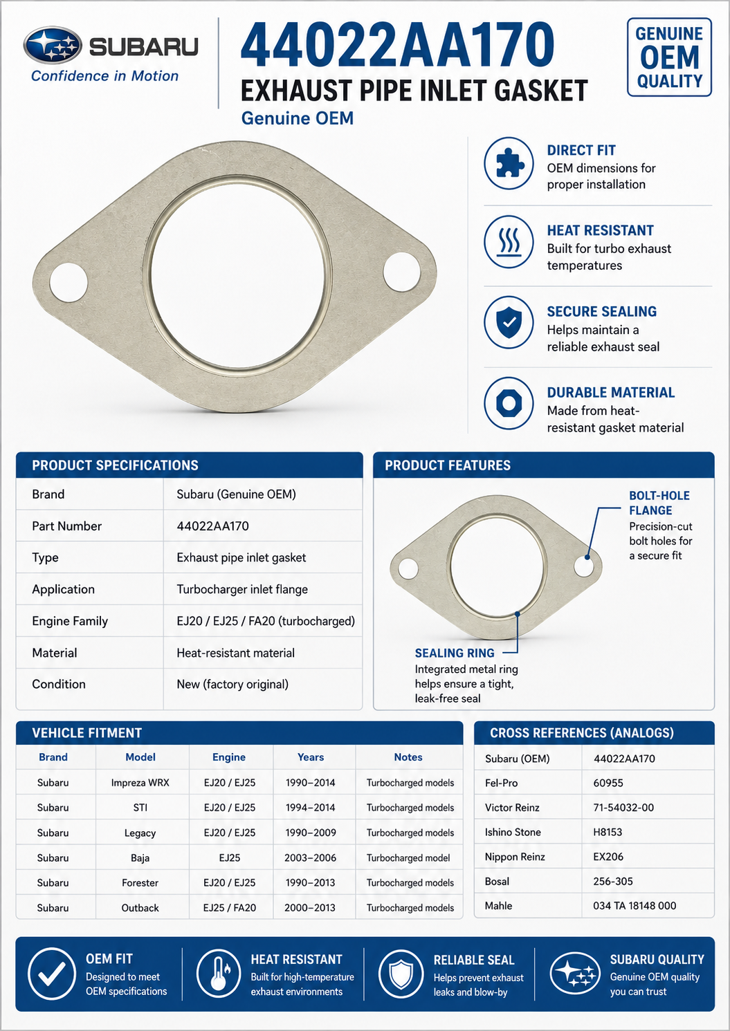 Subaru Exhaust Pipe Inlet Gasket Impreza WRX STi Legacy Baja Forester Outback Turbo 44022AA170 Genuine OEM