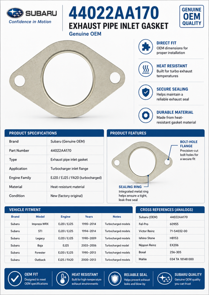 Subaru Exhaust Pipe Inlet Gasket Impreza WRX STi Legacy Baja Forester Outback Turbo 44022AA170 Genuine OEM