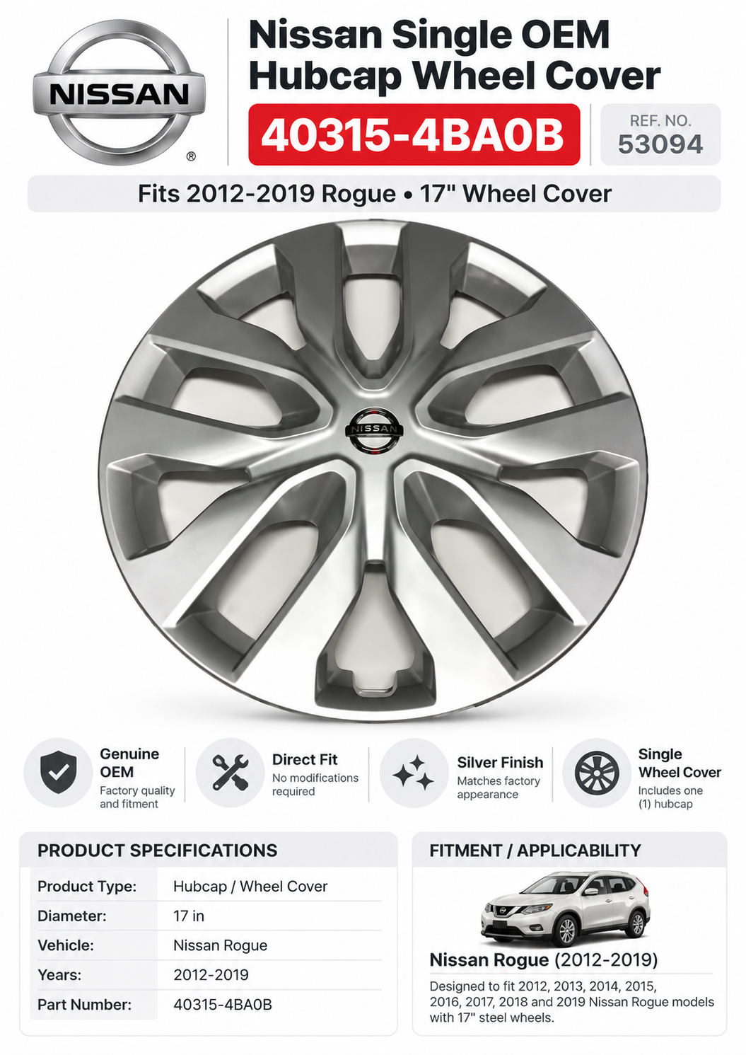 Nissan 40315-4BA0B Genuine Wheel Cover Hubcap