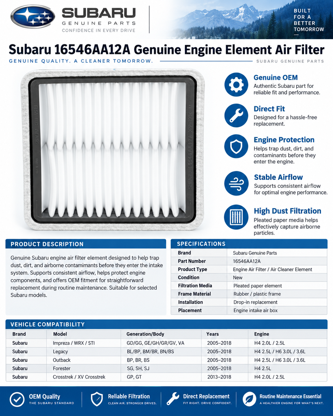 Subaru 16546AA12A  Genuine  Engine Element Air Filter