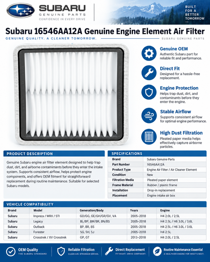Subaru 16546AA12A  Genuine  Engine Element Air Filter