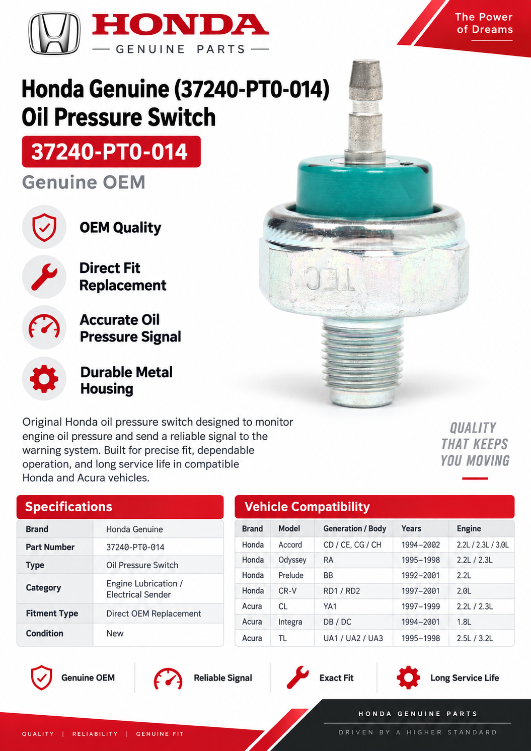 Honda Genuine 37240-PT0-014 Oil Pressure Switch