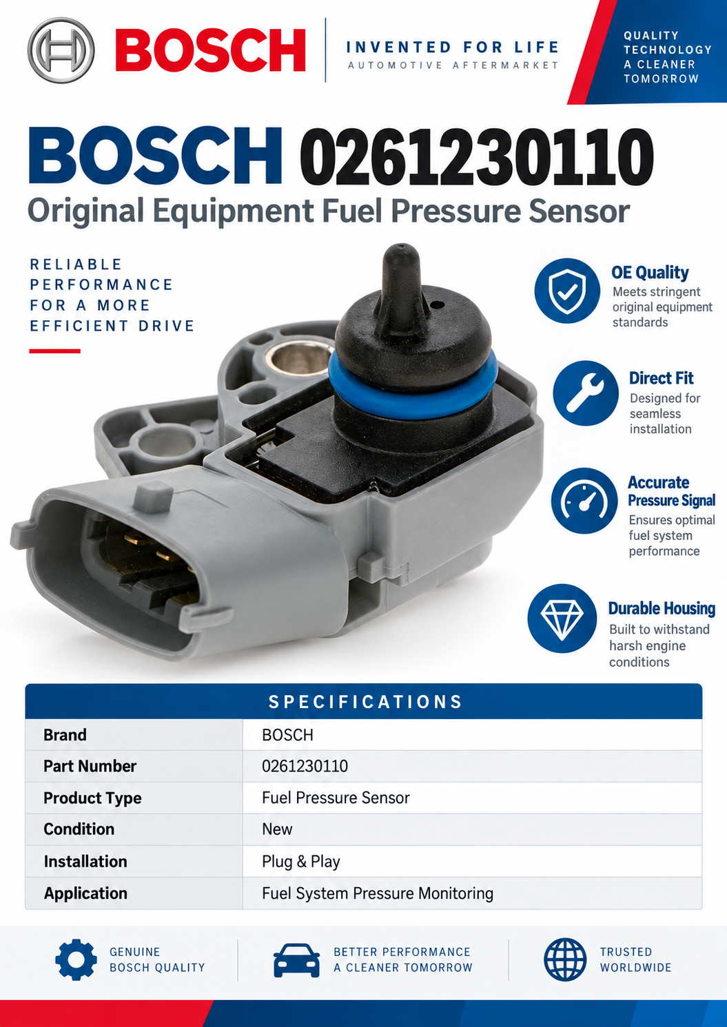 BOSCH 0261230110 Original Equipment Fuel Pressure Sensor