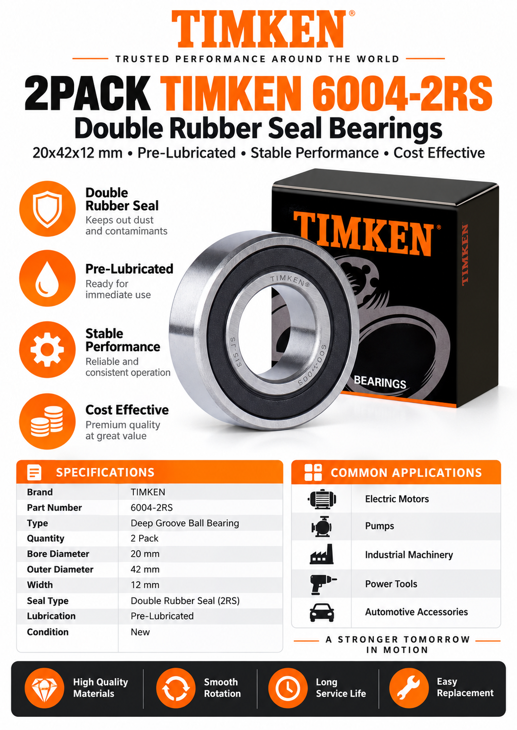 TIMKEN 6004-2RS Double Rubber Seal Bearings — 20x42x12 mm (Pack of 2)