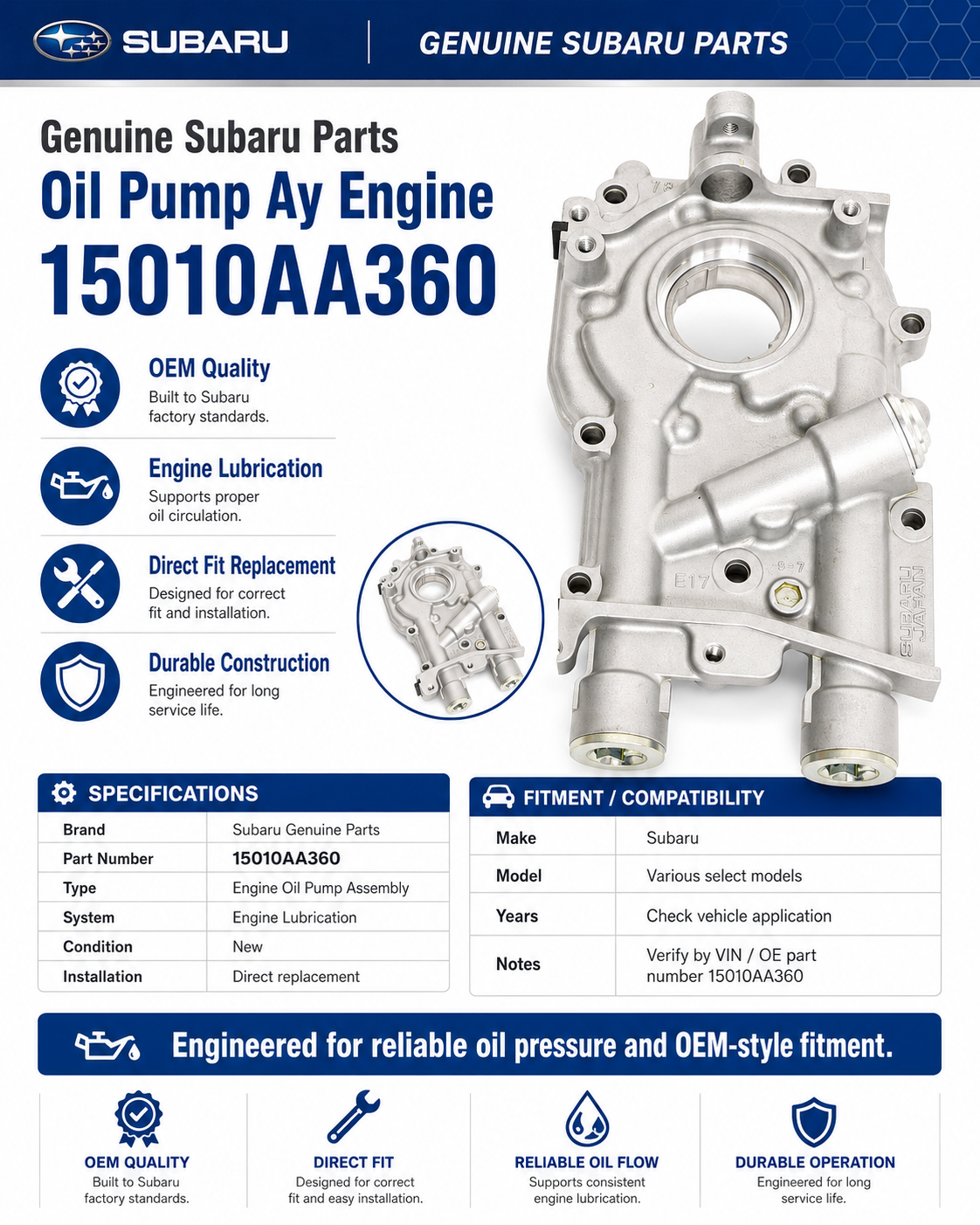 Subaru Genuine  Oil Pump Ay Engine - 15010AA360