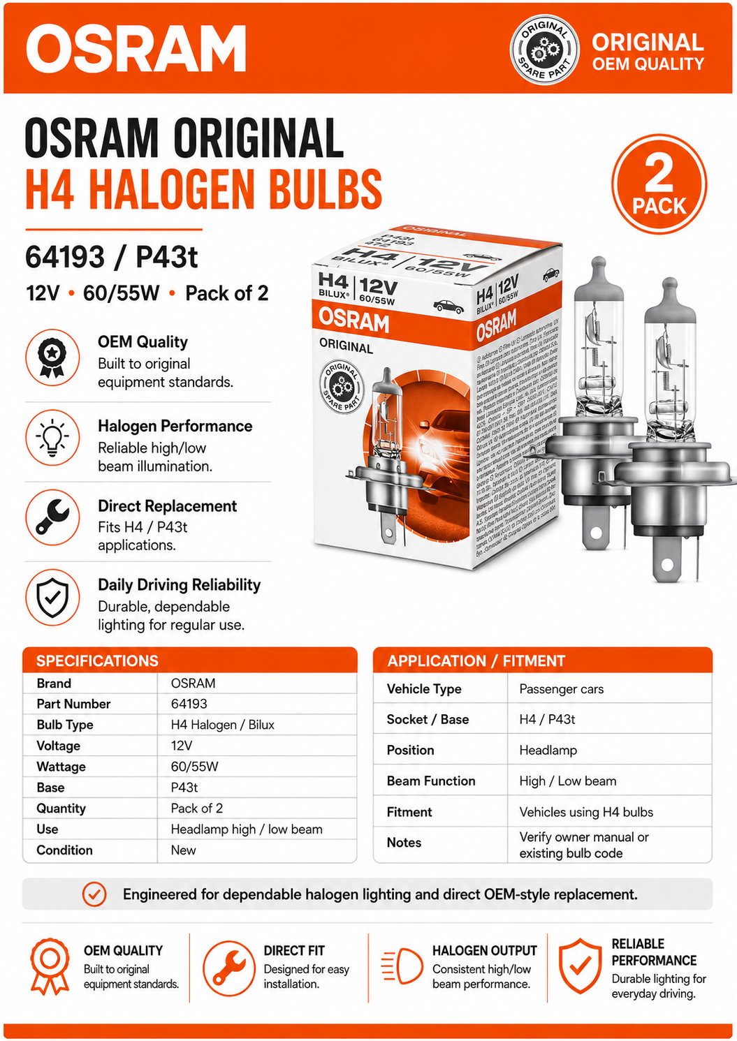 Osram H4 64193 Halogen Headlight Bulbs