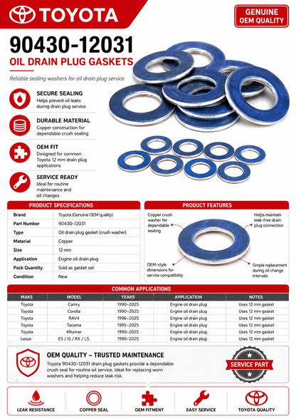 Genuine Toyota - Oil Drain Plug Gaskets (QTY10) 90430-12031