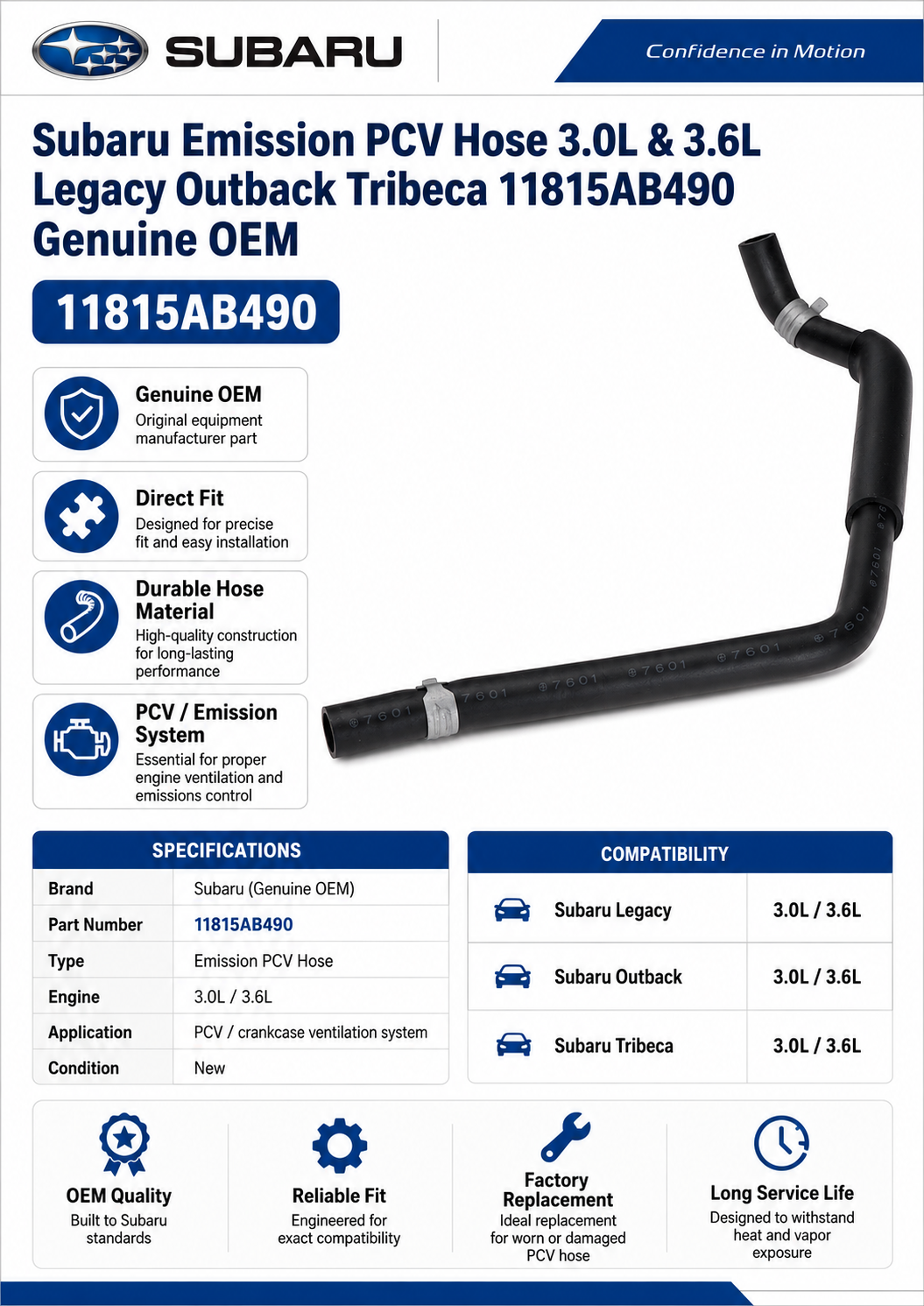 Subaru 11815AB490  Genuine  Engine PCV Hose Assembly