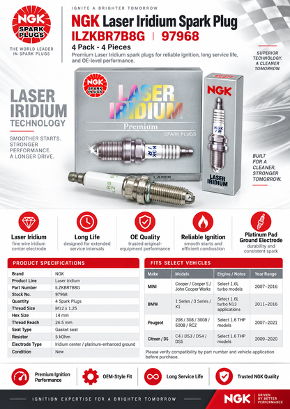 NGK Laser Iridium Spark Plug — ILZKBR7B8G (97968)— OEM Quality (Pack of 4)
