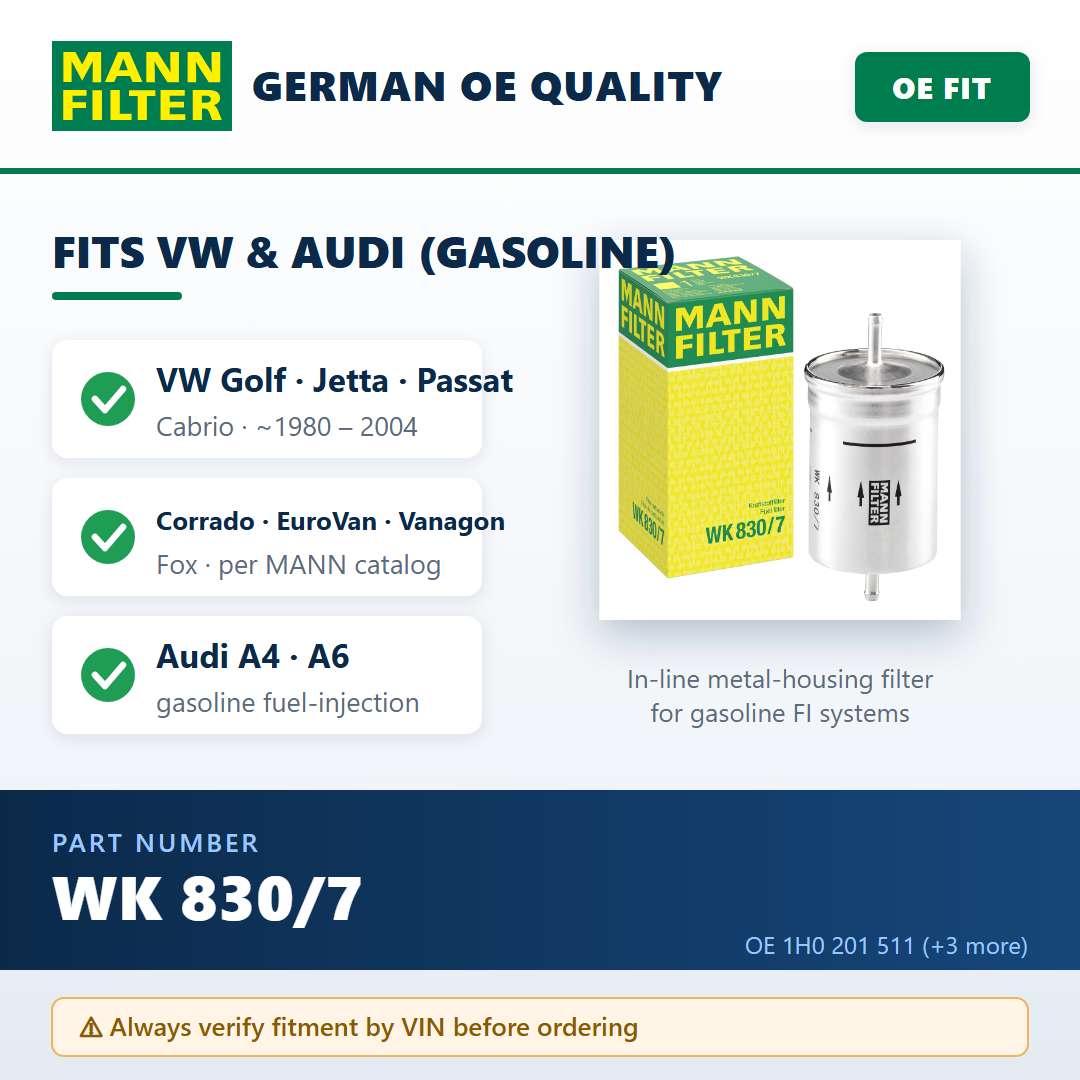 Mann Filter WK 830/7 — fitment guide infographic